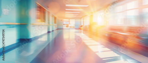 Blurred Hospital Corridor Illuminated by Warm Sunlight