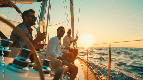 sailing with friends. vacation, travel, sea, friendship. Young people having fund and drinking wine on a yacht at sunset. Summer party © Dina Photo Stories