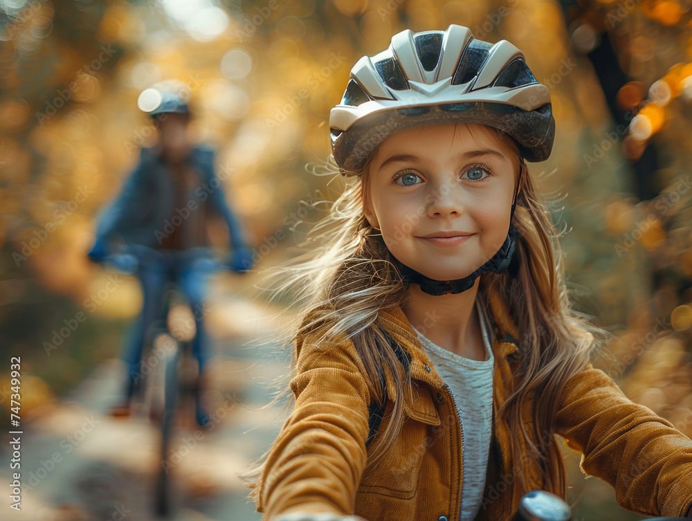 Girl riding a bicycle in a safety helmet with her family in the park in autumn, enjoying a family weekend Girl riding a bicycle in a safety helmet with her family in the park in autumn, enjoying a family weekend