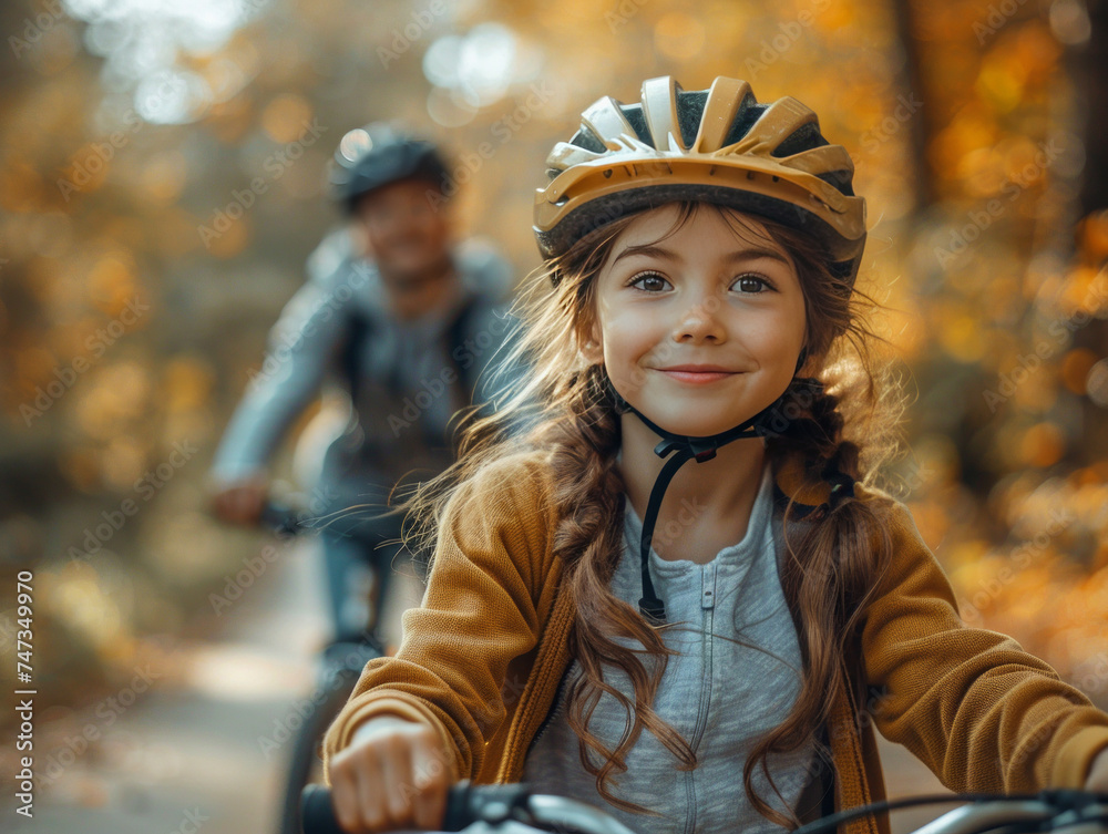 Girl on a bicycle wearing a helmet with her family in the park in autumn, enjoying a family weekend