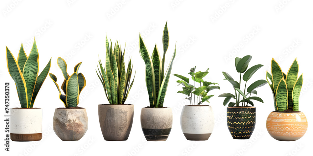 collection of small indoor plants , various Sansevieria plants in different pots. isolated on white or transparent