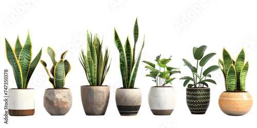 collection of small indoor plants , various Sansevieria plants in different pots. isolated on white or transparent