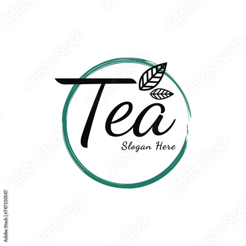 Green tea logo design with leaf and circle for business drink ice tea