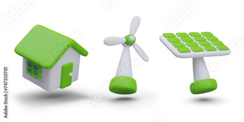 House with green roof, wind turbine, solar panel on stand. Eco settlement