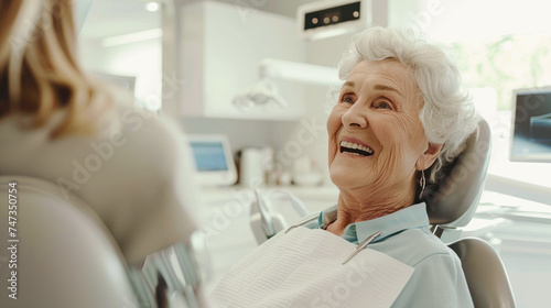 elderly woman at dentist. Senior beautiful woman having teeth examination and consultation with dentist at the dental office. Teeth whitening, dental treatment, oral hygiene, teeth restoration