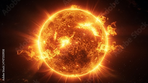 Sun surface with solar flare, Sun Solar Atmosphere on black background.