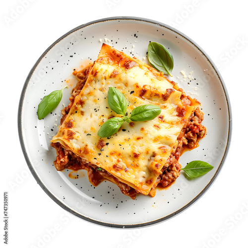 lasagna piece plate with minced meat and melted cheese close-up, top view, isolated on white or transparent background
