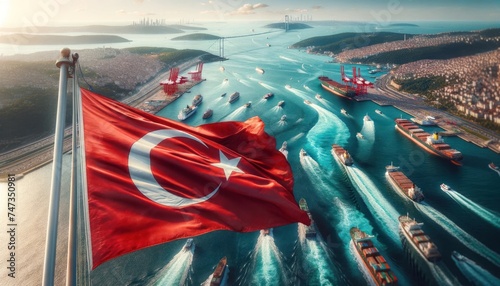 Turkish flag over the Bosphorus Strait with ships in the background photo