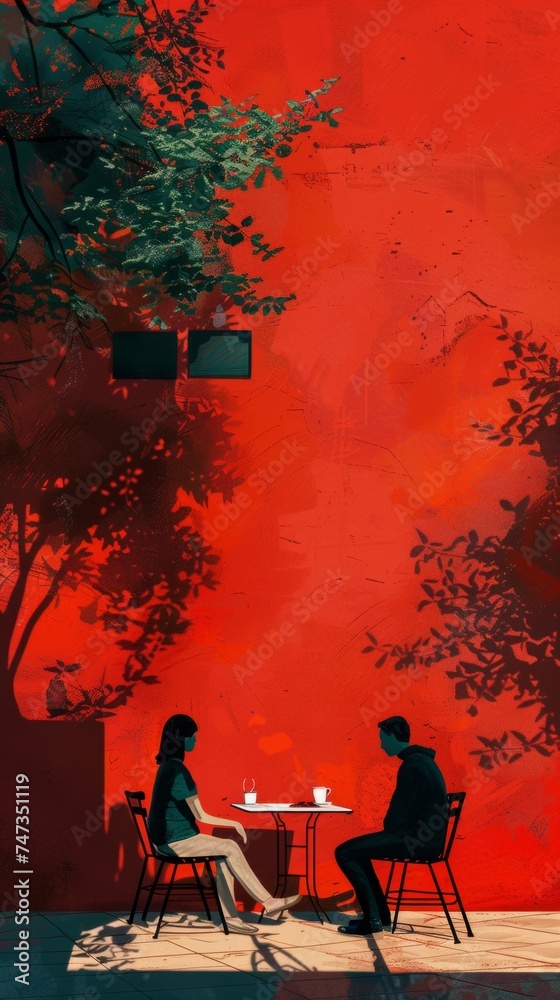 Two people sitting at a table in front of a red wall Two people sitting at a table in front of a red wall