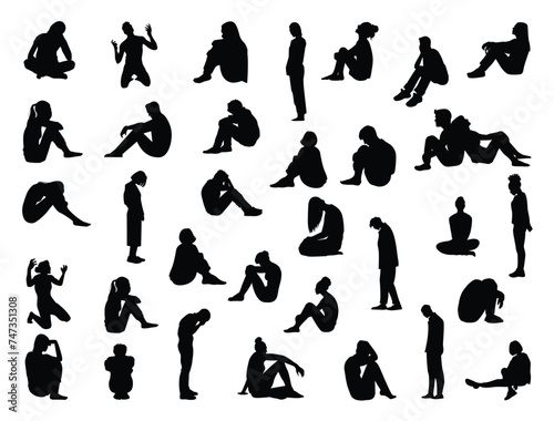 Sad people silhouette vector art white background