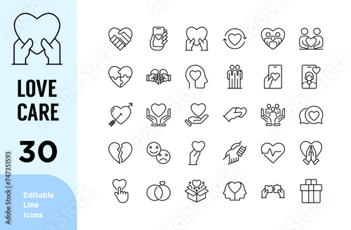 Hearth, Love, friendship, care, datting and charity concept editable stroke outline icons set. vector illustration.