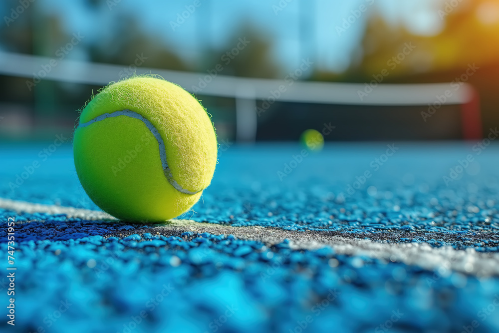 Close-up of a tennis ball lying on the surface of a tennis court, ready for the next serve or play