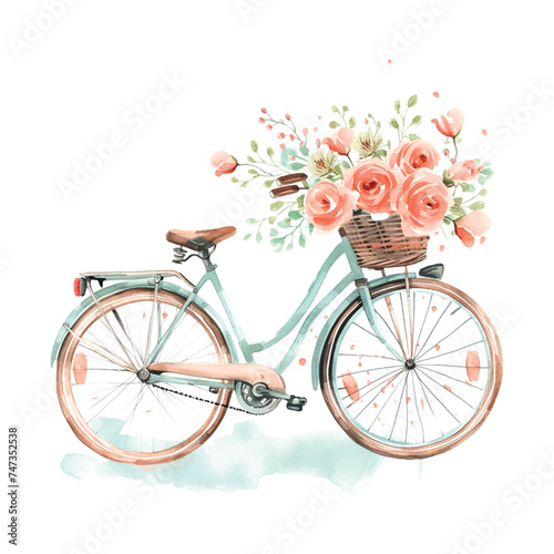 beautiful elegant minimal design of bicycle for women with pastel flowers in the front basket, watercolour
