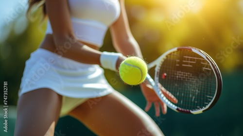 A woman standing on a tennis court, holding a tennis racquet in her hand. She is dressed in athletic attire, ready to play a game of tennis