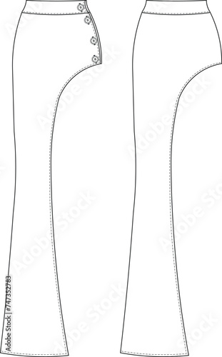 buttoned asymmetric hem long maxi bodycon skirt template technical drawing flat sketch cad mockup fashion woman design style model jean denim 