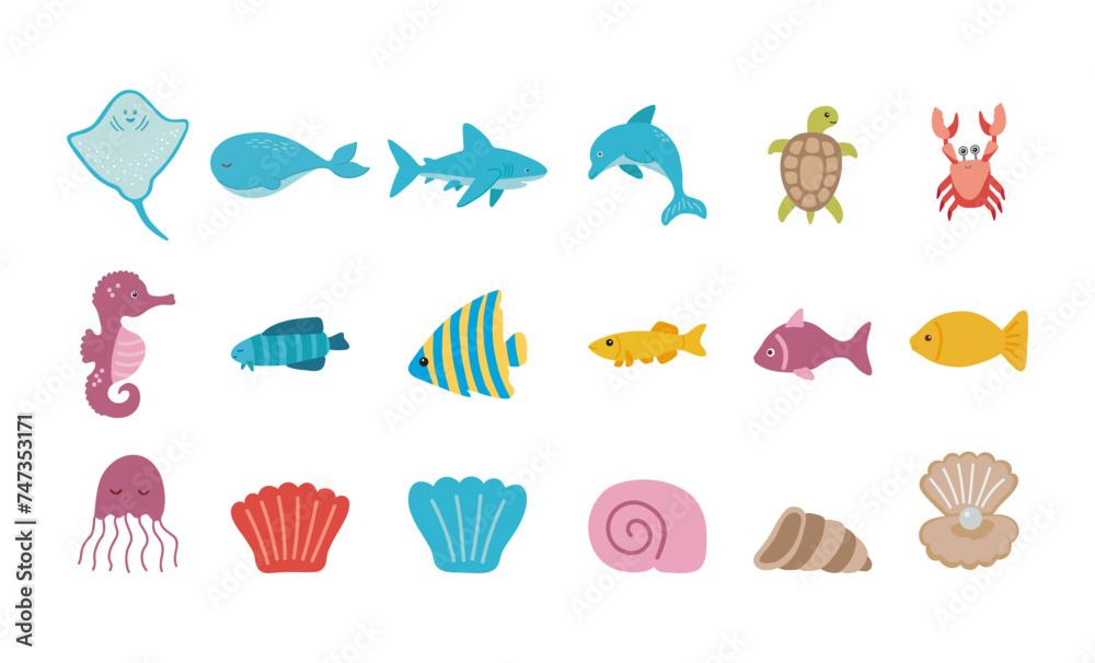 Vector marine life collection with dolphin, shark, stingray, crab, jellyfish, turtle, fish, seashell and seahorse.
