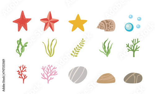 Vector seabed clipart collection with seashell, starfish, stones, pebbles, seaweed, coral. Hand drawn illustration.