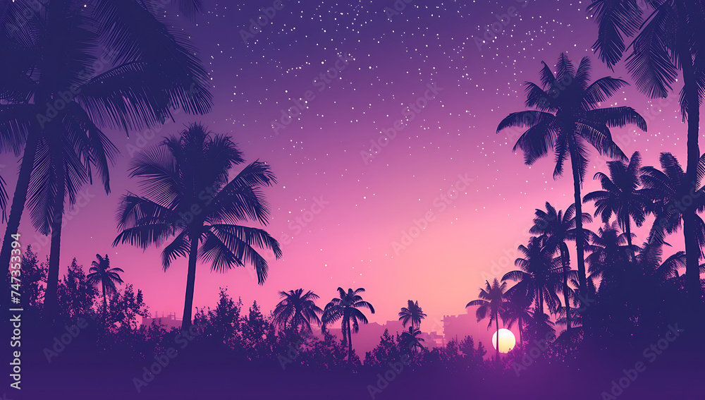 a purple and pink background with palm trees in the s