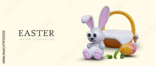 Funny Easter concept in cartoon style. Little rabbit is sitting near basket