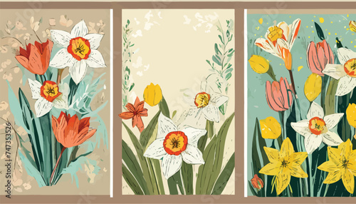 Vintage floral greeting cards. Vector illustration of flowers, daffodil, narcissus, tulip, frame, wild flowers, plants and leaves on vintage paper for background, pattern or poster