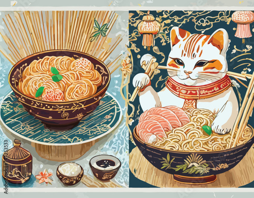  Vintage asian japanese food sushi noodles, ramen, maneki neko. A set of promo templates for a Japanese restaurant. Advertising with national oriental noodles