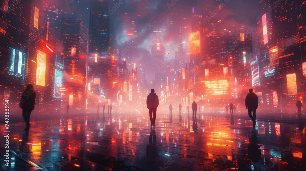 Image 6 A futuristic holographic city center with multiple holographic displays and adver promoting new banking services and financial products. This illustration highlights Image 6 A futuristic holographic city center with multiple holographic displays and adver promoting new banking services and financial products. This illustration highlights