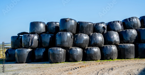 Large pile of black plastic packages of hay
