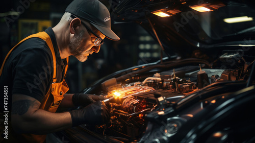 A car mechanic are repairing a car in auto repair shop, maintenance of car battery