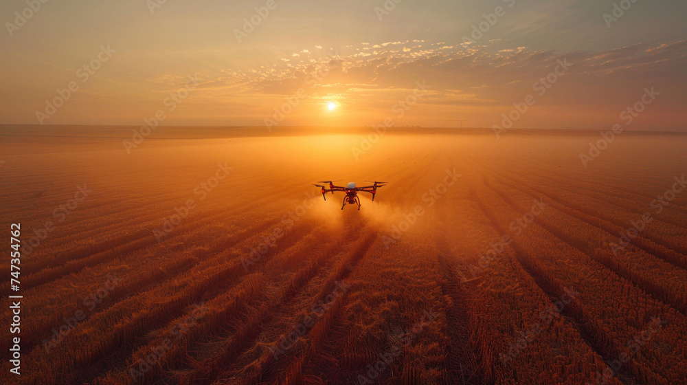 A moving drone spraying pesticides, fertilizers or water on a cultivated field at sunrise.