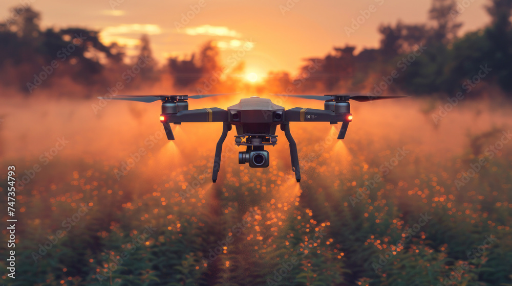 A moving drone spraying pesticides, fertilizers or water on a cultivated field at sunrise. A moving drone spraying pesticides, fertilizers or water on a cultivated field at sunrise.