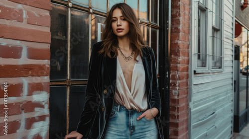 A velvet blazer worn over a flowy silk blouse and distressed denim jeans finished off with suede ankle boots and a chunky statement necklace perfect for a chic bohemian night