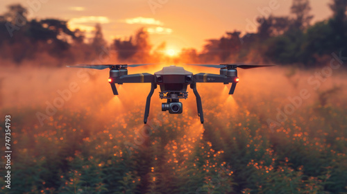 A moving drone spraying pesticides  fertilizers or water on a cultivated field at sunrise.