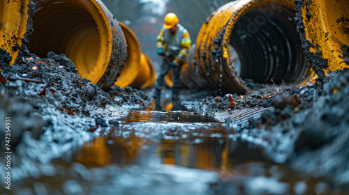 An engineer examining excavation drainage pipe and manhole water system underground at construction site.