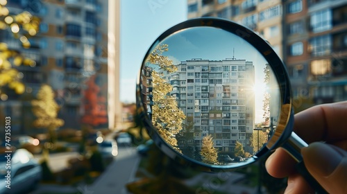 Exploring the housing market: magnifying glass near residential building, searching for a new home to buy or rent