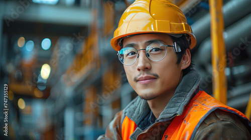 Asian young construction engineer at work with safety helmet and vest background banner © tong2530