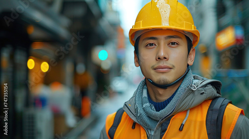 Asian young construction engineer at work with safety helmet and vest background banner © tong2530