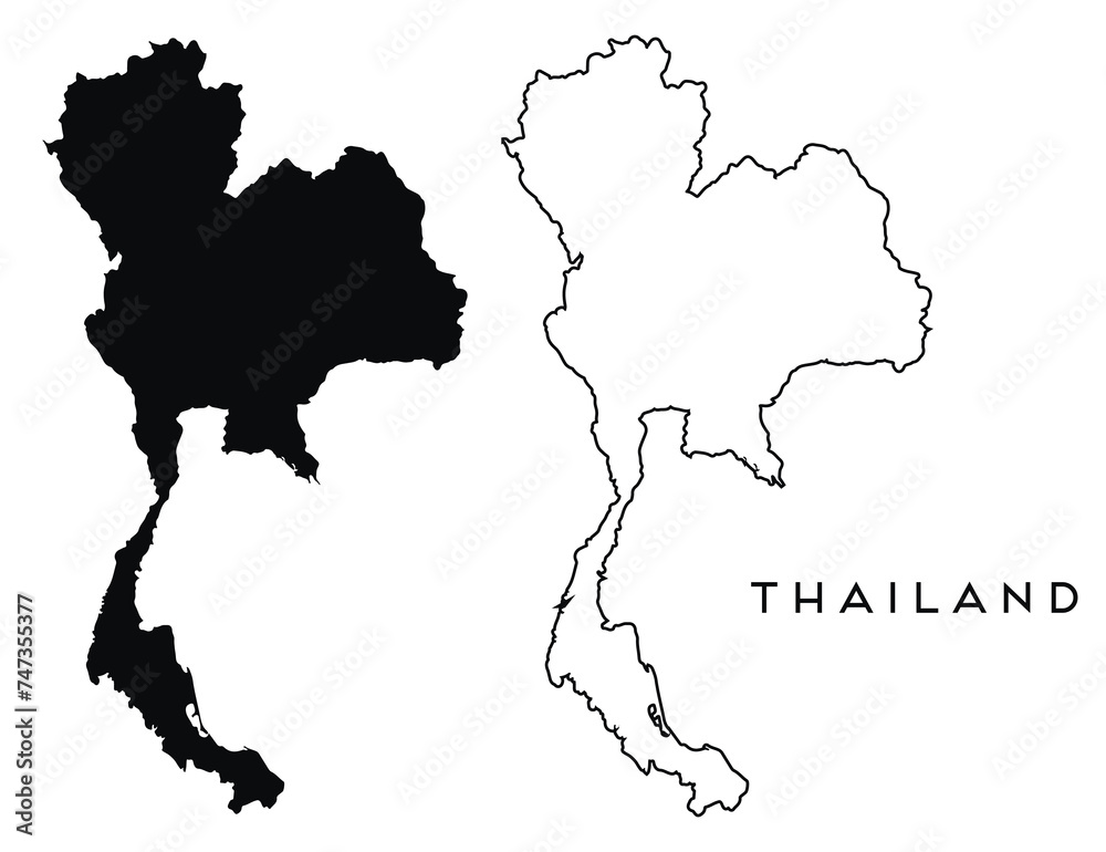 Thailand map outline and black silhouette vector