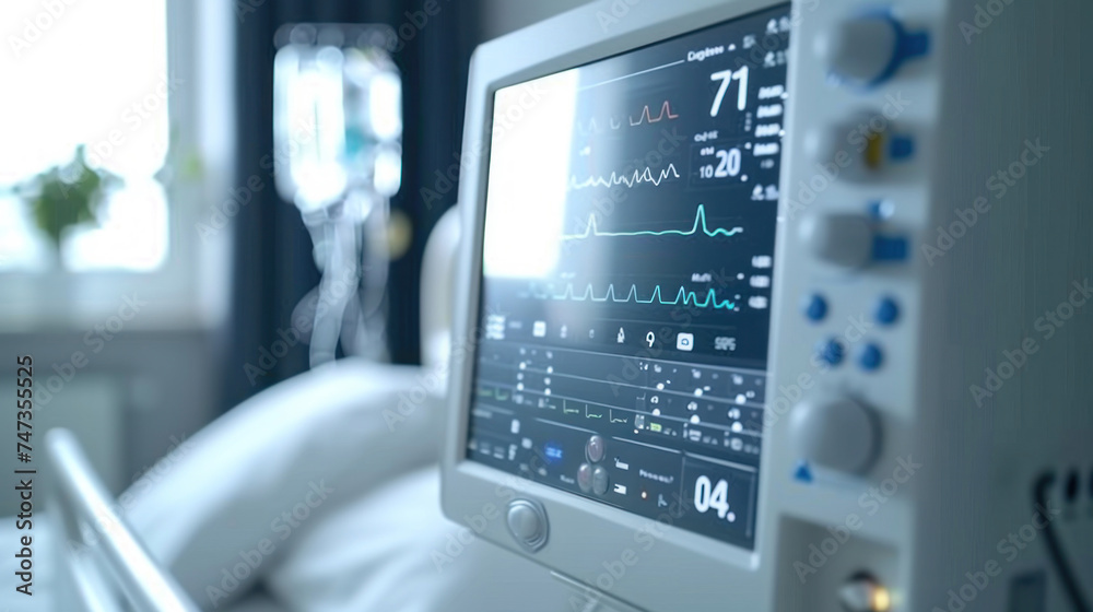 Close-up of Hospital device with monitor Monitoring medical healthcare system.. Close-up of Hospital device with monitor Monitoring medical healthcare system..