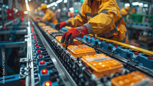 Workers Assembling Electric Car Batteries On A Bustling Factory Assembly Line. Factory Assembly Line, Industrial Manufacturing.