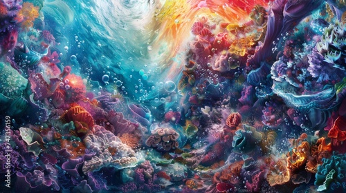 A fantastical portrayal of a coral reef, bursting with vivid colors and dynamic underwater life, evoking a dreamlike state.