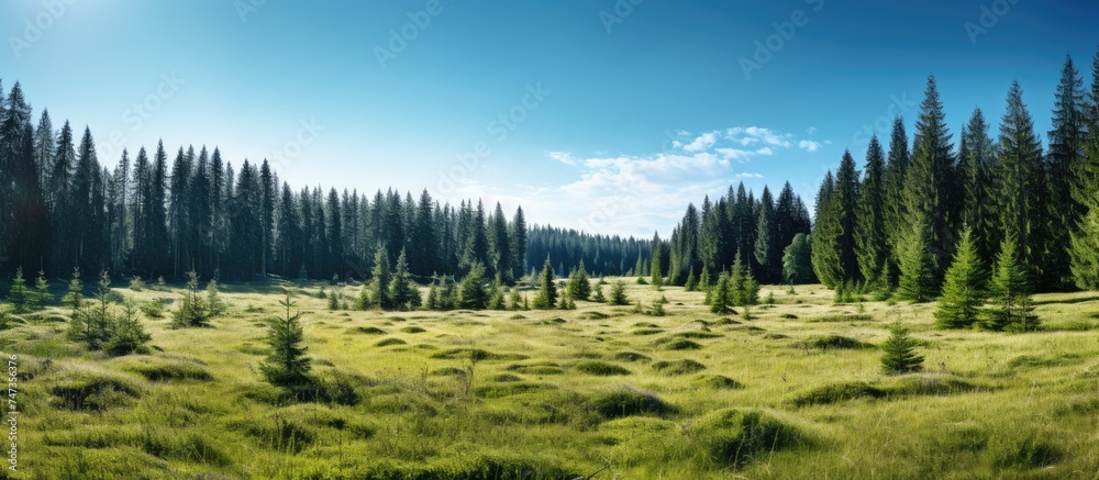 A grassy field filled with vibrant green grass, with a backdrop of tall trees in a coniferous forest. The trees stand tall under a sunny blue sky, representing a thriving ecosystem of photosynthesis A grassy field filled with vibrant green grass, with a backdrop of tall trees in a coniferous forest. The trees stand tall under a sunny blue sky, representing a thriving ecosystem of photosynthesis