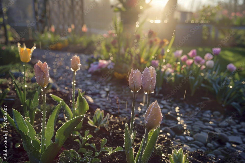 Early morning dew on newly planted flowers in a spring garden - obrazy, fototapety, plakaty 