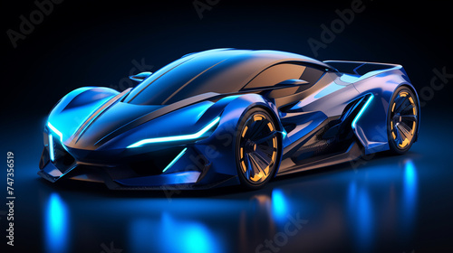 Capture the sleek, futuristic design of a super car enveloped in a shimmering blue aura with neon accents