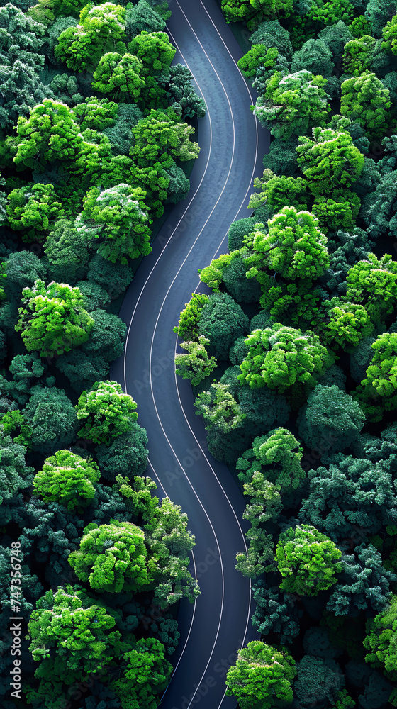 Aerial Road Through Dense Green Forest Canopy