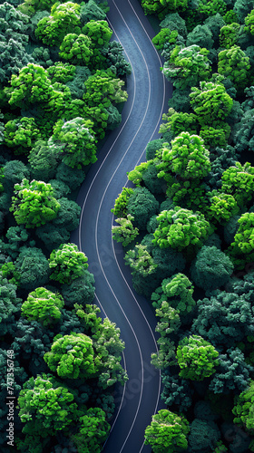 Aerial Road Through Dense Green Forest Canopy