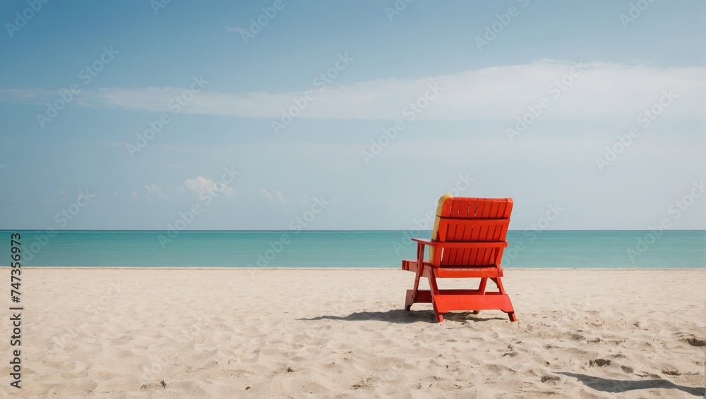 Red chair on the sandy beach with sea and blue sky background