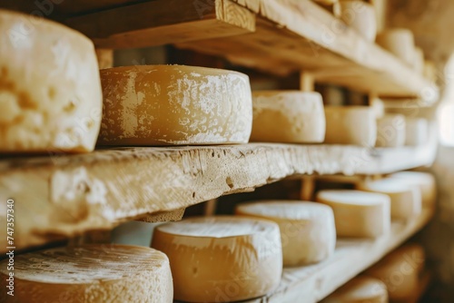 shelves with different types of cheese, cheese production and storage