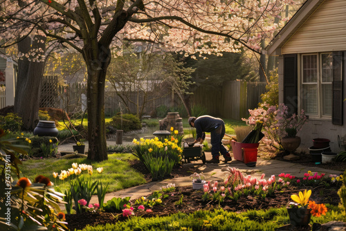 Landscapers transforming a garden into a vibrant spring oasis