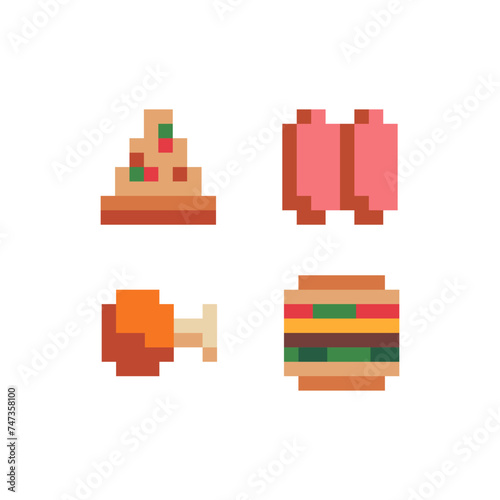 Fast food pixel art icons set, pizza, chicken leg, sausage, and hamburger. Design for stickers, logo, web and mobile app. Isolated vector illustration. 8-bit sprite game assets.