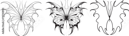 Set of elements Neo tribal tattoo butterfly shape modern acid graphic design clip art gothic flame emo goth 2000s Aesthetic style y2k wings ink black white aggressive line graphic ornamental doodle